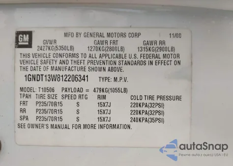 2001 Chevrolet Blazer Ls z USA, uszkodzony, nr VIN 1GNDT13W812206341